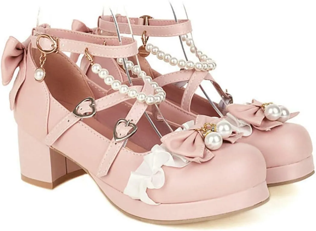 VOKLIN Women's Girls Lolita Mary Jane Pumps with Bow Cross Strap Mid Heel Princess Cosplay Oxford Dress Shoes