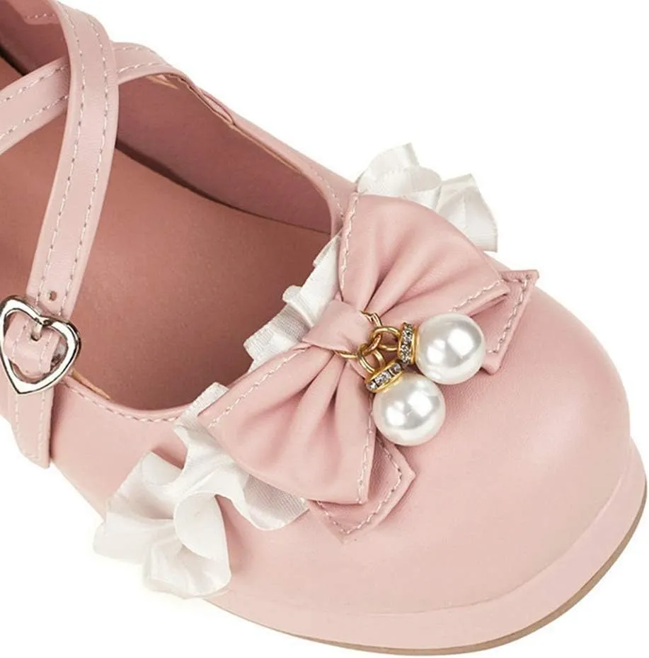 VOKLIN Women's Girls Lolita Mary Jane Pumps with Bow Cross Strap Mid Heel Princess Cosplay Oxford Dress Shoes