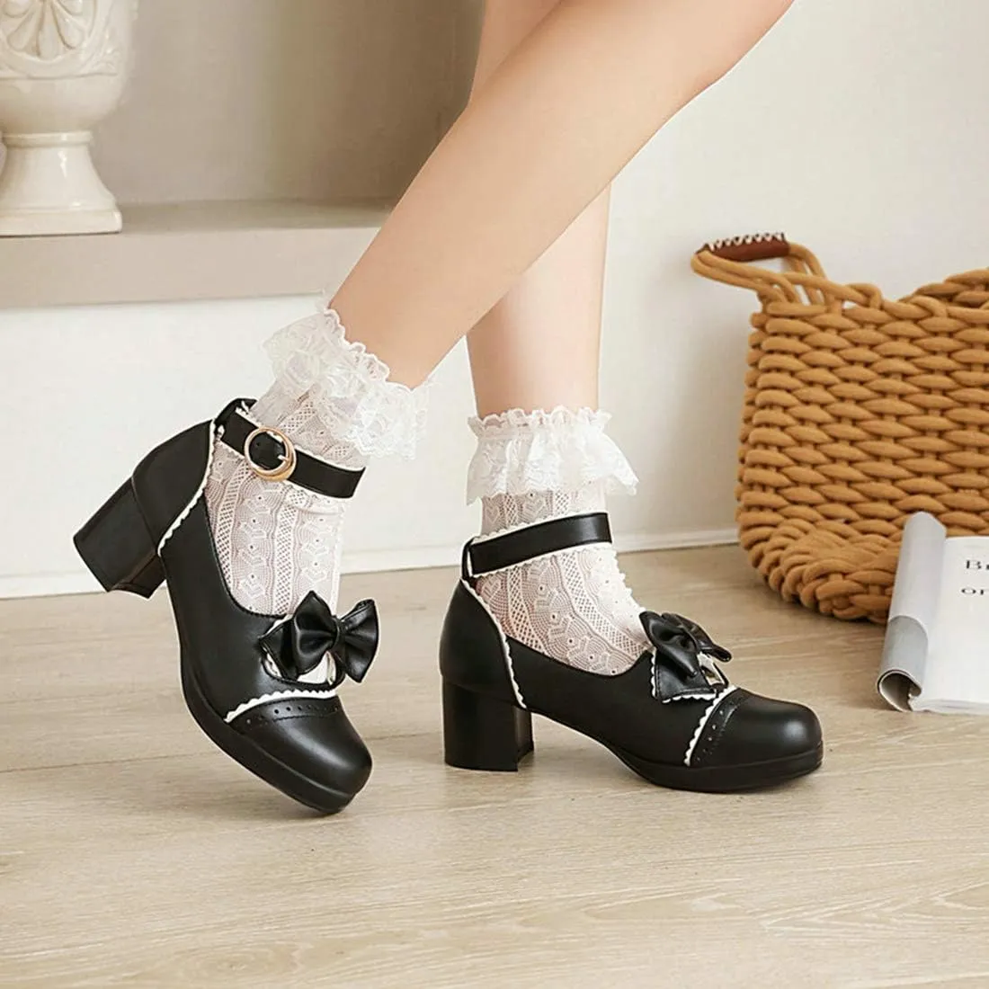 VOKLIN Women's Girls Lolita Mary Jane Shoes Cute Bow Ankle Strap Block Low Heel Princess Oxford Dress Pumps