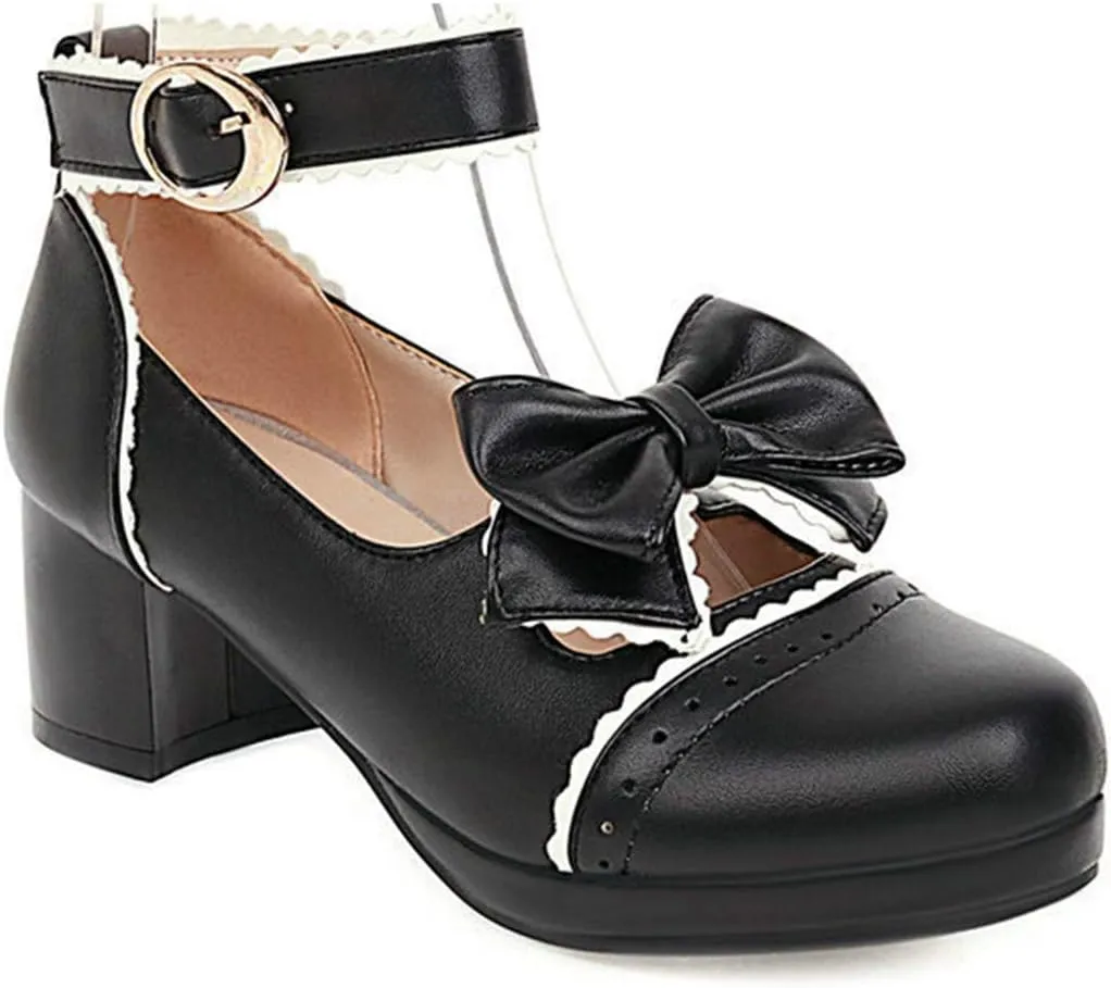 VOKLIN Women's Girls Lolita Mary Jane Shoes Cute Bow Ankle Strap Block Low Heel Princess Oxford Dress Pumps