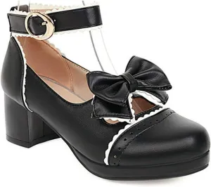 VOKLIN Women's Girls Lolita Mary Jane Shoes Cute Bow Ankle Strap Block Low Heel Princess Oxford Dress Pumps