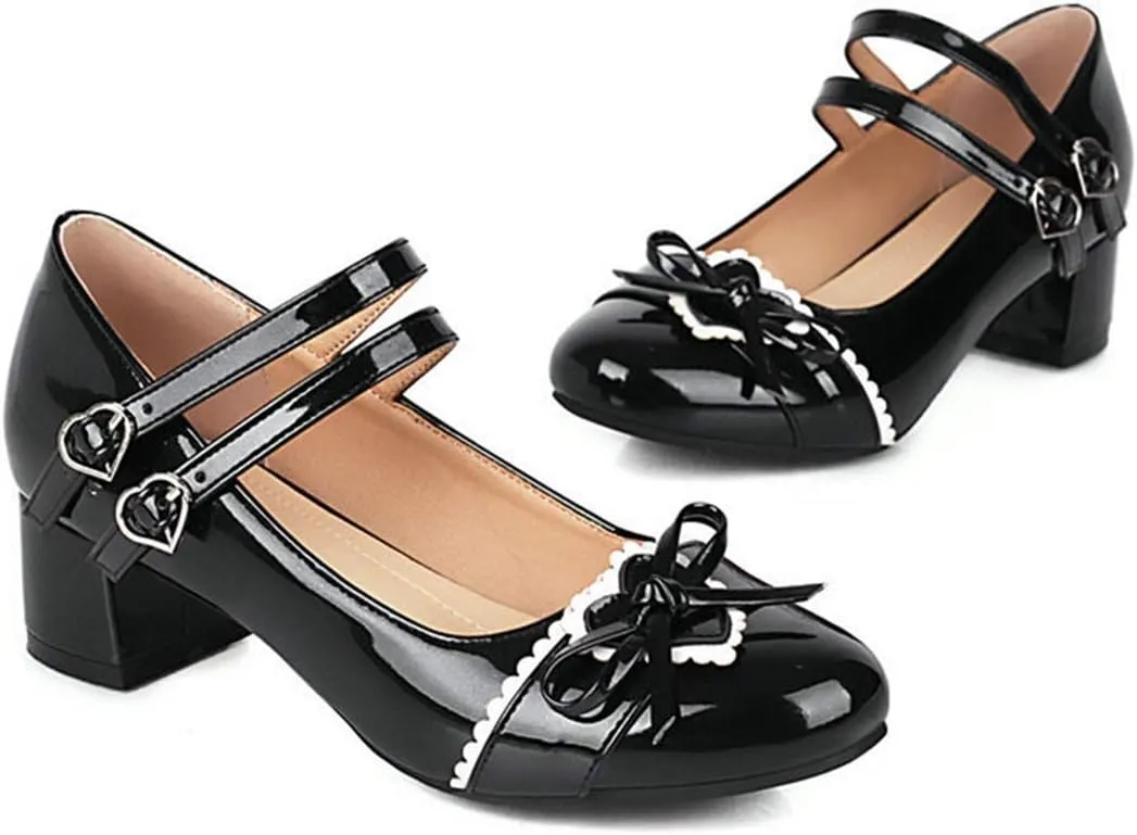 VOKLIN Women's Girls Lolita Mary Jane Shoes Princess Sweet Bow Ankle Strap Flat Low Heels Oxford Dress Pumps