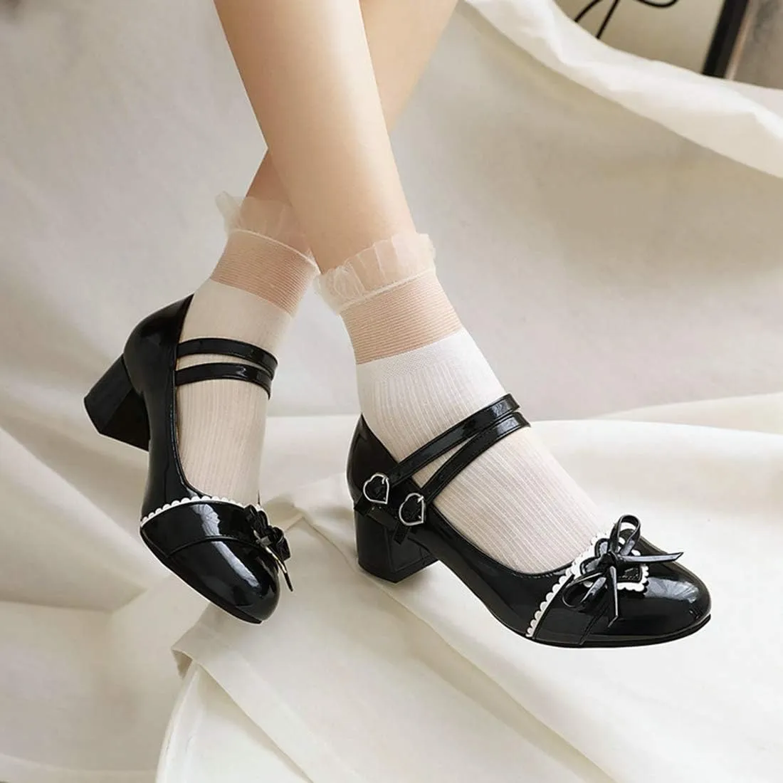 VOKLIN Women's Girls Lolita Mary Jane Shoes Princess Sweet Bow Ankle Strap Flat Low Heels Oxford Dress Pumps