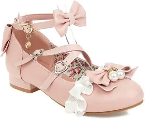 VOKLIN Women's Girls Lolita Mary Jane Shoes Princess Sweet Bow Cross Ankle Strap Low Heel Oxford Dress Pumps