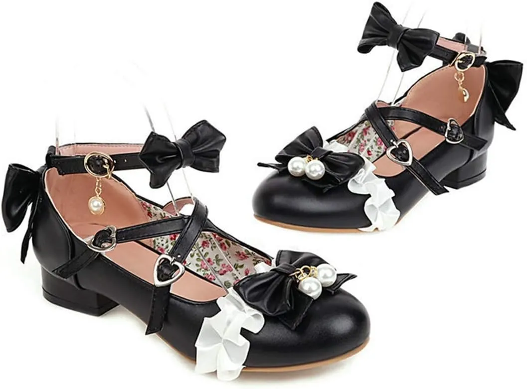 VOKLIN Women's Girls Lolita Mary Jane Shoes Princess Sweet Bow Cross Ankle Strap Low Heel Oxford Dress Pumps
