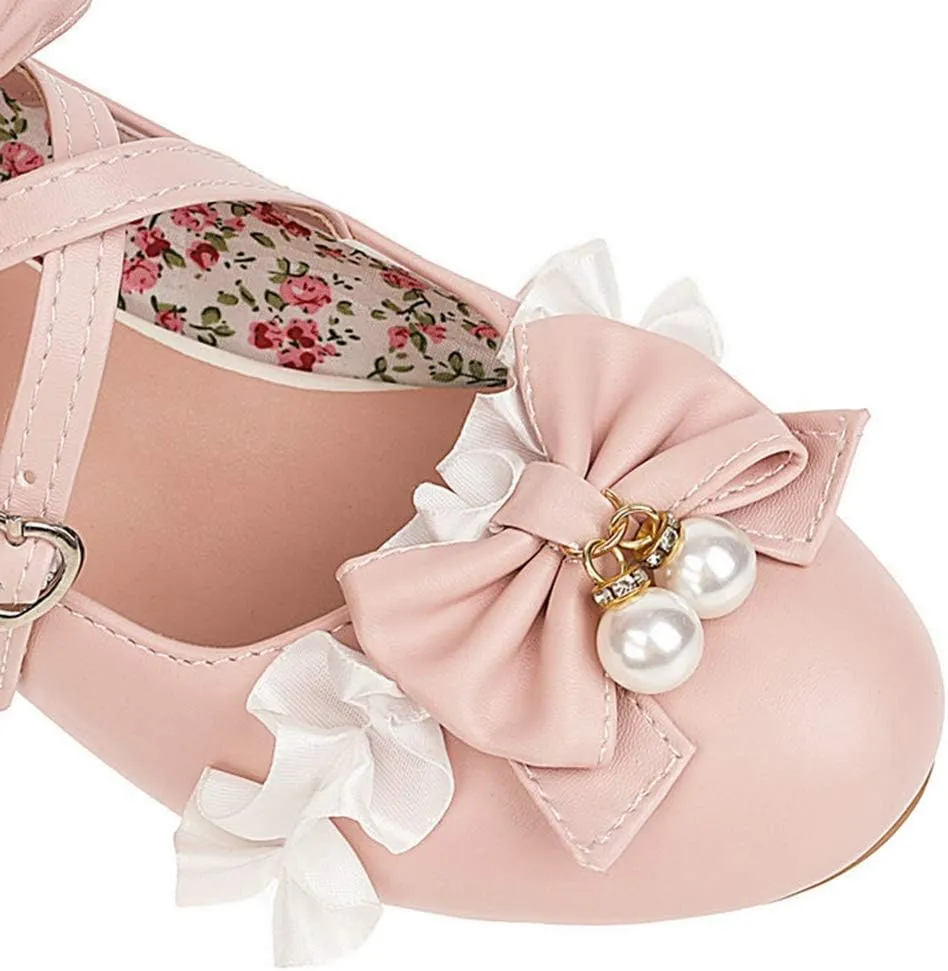VOKLIN Women's Girls Lolita Mary Jane Shoes Princess Sweet Bow Cross Ankle Strap Low Heel Oxford Dress Pumps