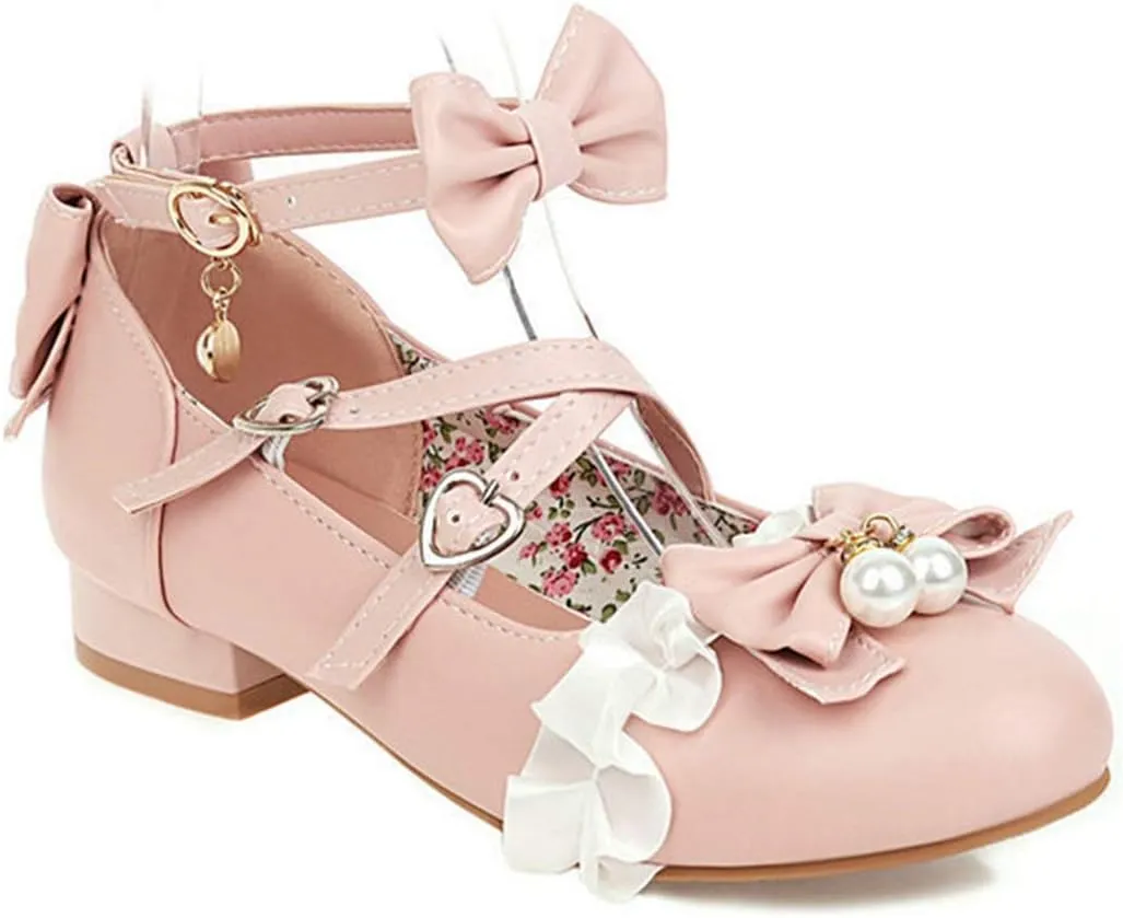 VOKLIN Women's Girls Lolita Mary Jane Shoes Princess Sweet Bow Cross Ankle Strap Low Heel Oxford Dress Pumps