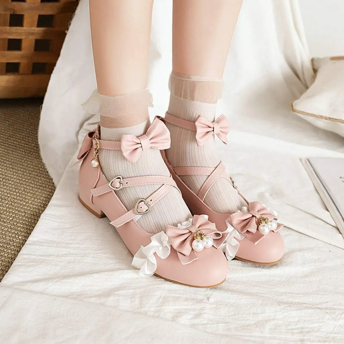 VOKLIN Women's Girls Lolita Mary Jane Shoes Princess Sweet Bow Cross Ankle Strap Low Heel Oxford Dress Pumps