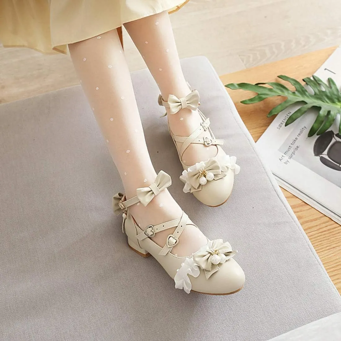 VOKLIN Women's Girls Lolita Mary Jane Shoes Princess Sweet Bow Cross Ankle Strap Low Heel Oxford Dress Pumps