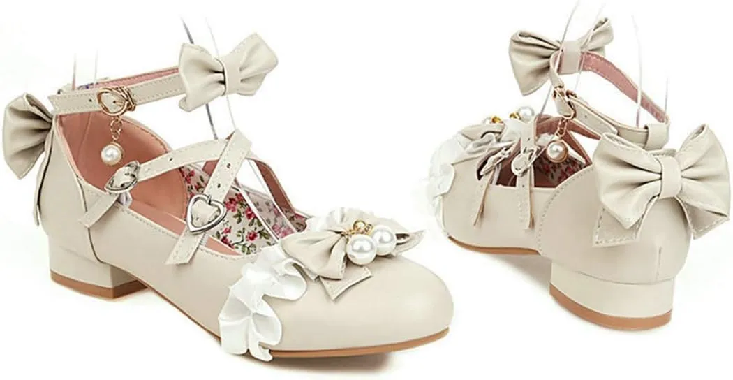 VOKLIN Women's Girls Lolita Mary Jane Shoes Princess Sweet Bow Cross Ankle Strap Low Heel Oxford Dress Pumps