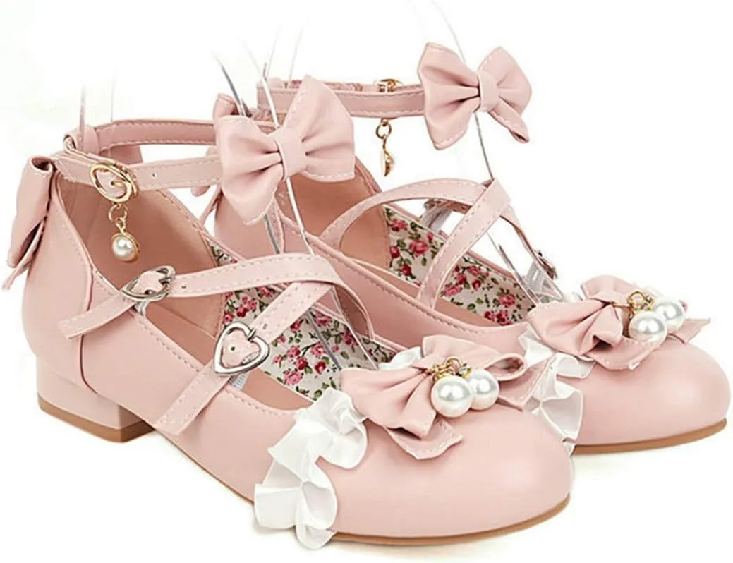 VOKLIN Women's Girls Lolita Mary Jane Shoes Princess Sweet Bow Cross Ankle Strap Low Heel Oxford Dress Pumps