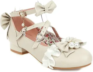 VOKLIN Women's Girls Lolita Mary Jane Shoes Princess Sweet Bow Cross Ankle Strap Low Heel Oxford Dress Pumps