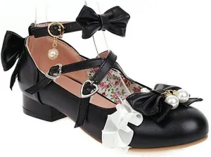 VOKLIN Women's Girls Lolita Mary Jane Shoes Princess Sweet Bow Cross Ankle Strap Low Heel Oxford Dress Pumps