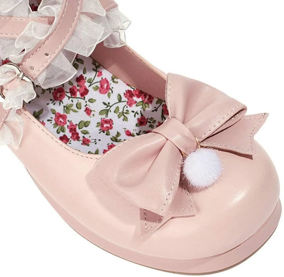 VOKLIN Women's Girls Lolita Mary Jane Shoes Sweet Bow Cross Ankle Strap Mid Heel Cosplay Oxford Dress Pumps