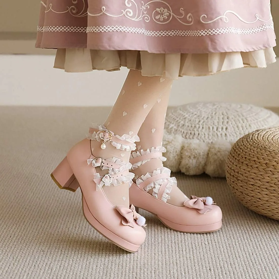 VOKLIN Women's Girls Lolita Mary Jane Shoes Sweet Bow Cross Ankle Strap Mid Heel Cosplay Oxford Dress Pumps