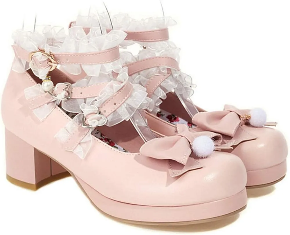 VOKLIN Women's Girls Lolita Mary Jane Shoes Sweet Bow Cross Ankle Strap Mid Heel Cosplay Oxford Dress Pumps