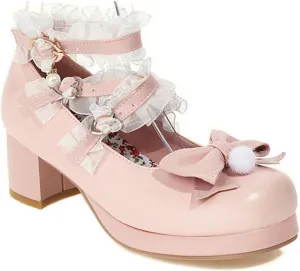 VOKLIN Women's Girls Lolita Mary Jane Shoes Sweet Bow Cross Ankle Strap Mid Heel Cosplay Oxford Dress Pumps