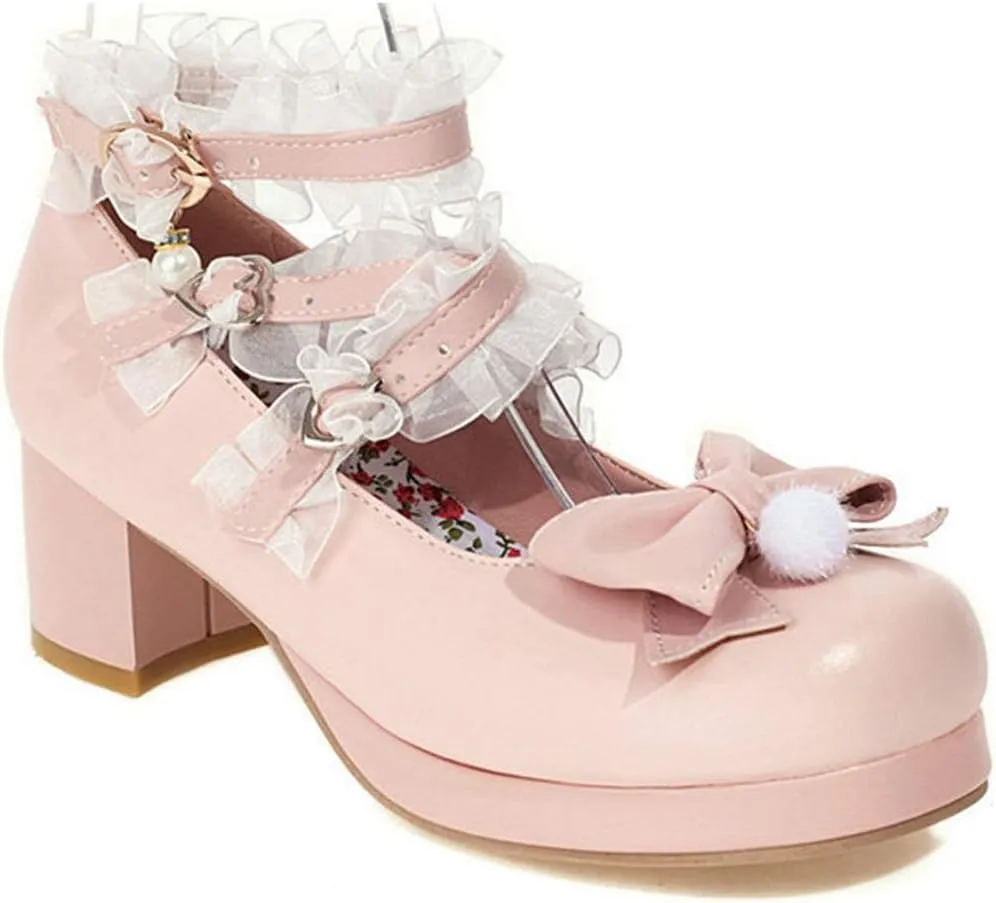 VOKLIN Women's Girls Lolita Mary Jane Shoes Sweet Bow Cross Ankle Strap Mid Heel Cosplay Oxford Dress Pumps