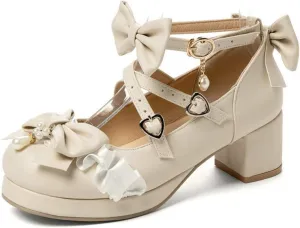 VOKLIN Women's Girls Lolita Mary Jane Shoes Sweet Bow Cross Ankle Strap Mid Heels Cosplay Oxford Dress Pumps