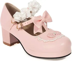 VOKLIN Women's Girls Lolita Mary Jane Shoes Sweet Bow Lace Ankle Strap Platform Mid Heel Oxford Dress Pumps