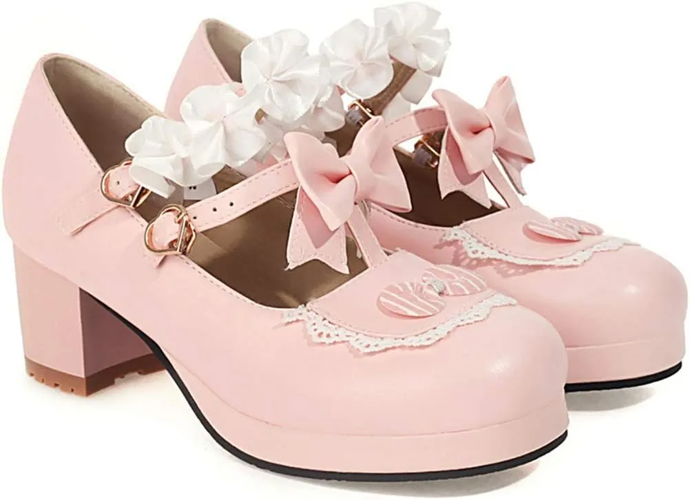 VOKLIN Women's Girls Lolita Mary Jane Shoes Sweet Bow Lace Ankle Strap Platform Mid Heel Oxford Dress Pumps