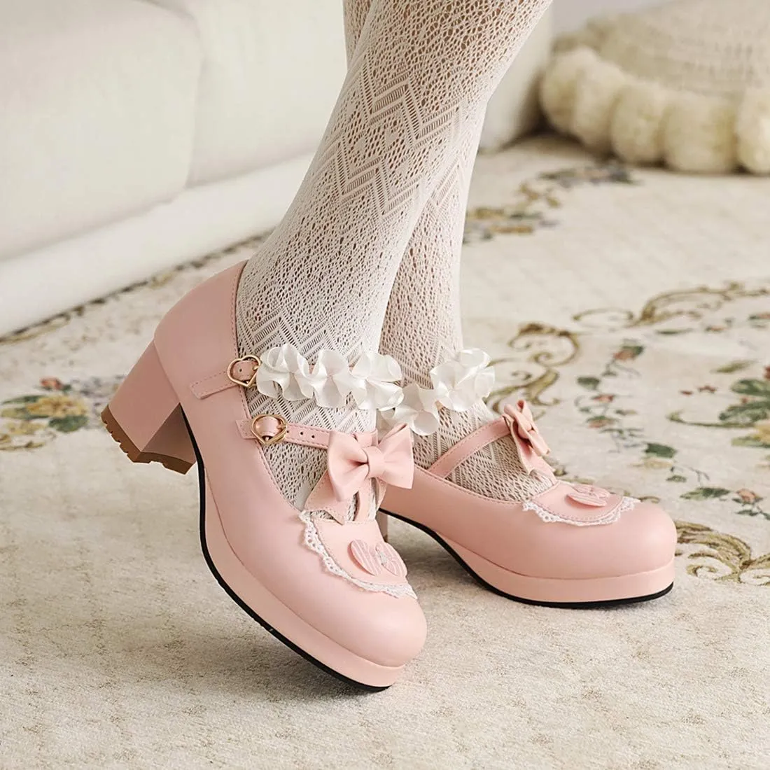 VOKLIN Women's Girls Lolita Mary Jane Shoes Sweet Bow Lace Ankle Strap Platform Mid Heel Oxford Dress Pumps