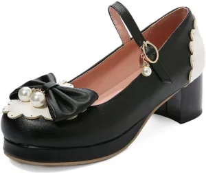 VOKLIN Women's Girls Lolita Mary Janes Pumps Cute Bow Ankle Strap Block Mid Heel Princess Oxford Dress Shoes