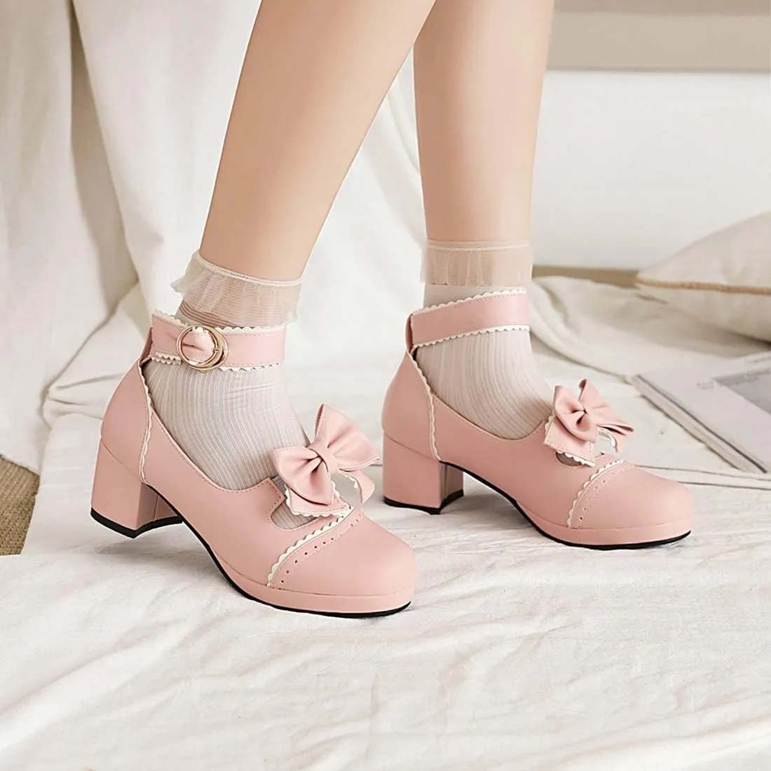 VOKLIN Women's Girls Lolita Mary Janes Pumps Sweet Bow Ankle Strap Block Mid Heel Cosplay Oxford Dress Shoes