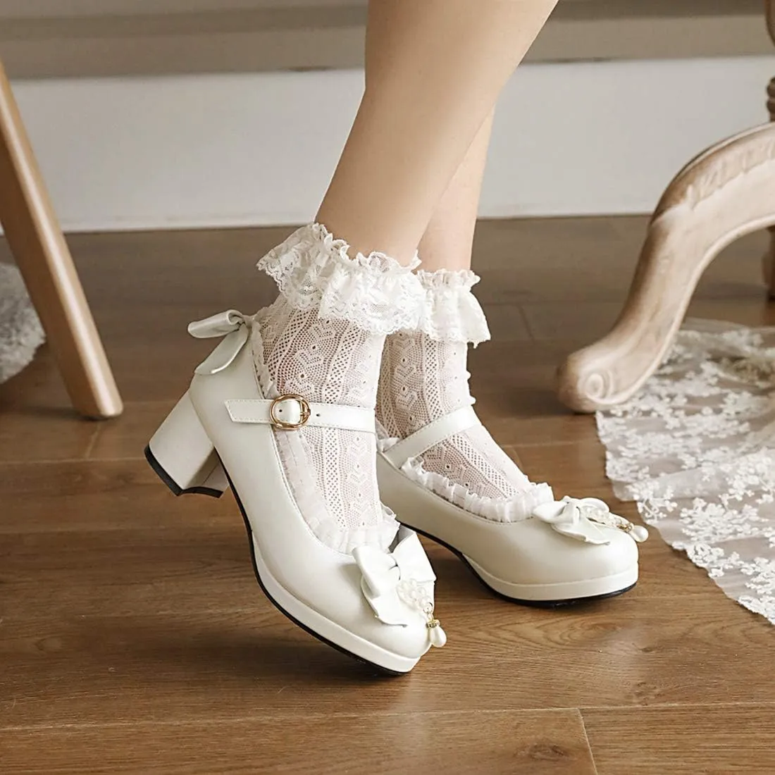 VOKLIN Women's Girls Lolita Mary Janes Pumps Sweet Bow Ankle Strap Block Mid Heel Cosplay Oxford Dress Shoes