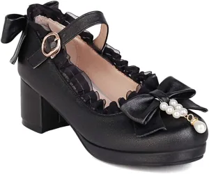 VOKLIN Women's Girls Lolita Mary Janes Pumps Sweet Bow Ankle Strap Block Mid Heel Cosplay Oxford Dress Shoes