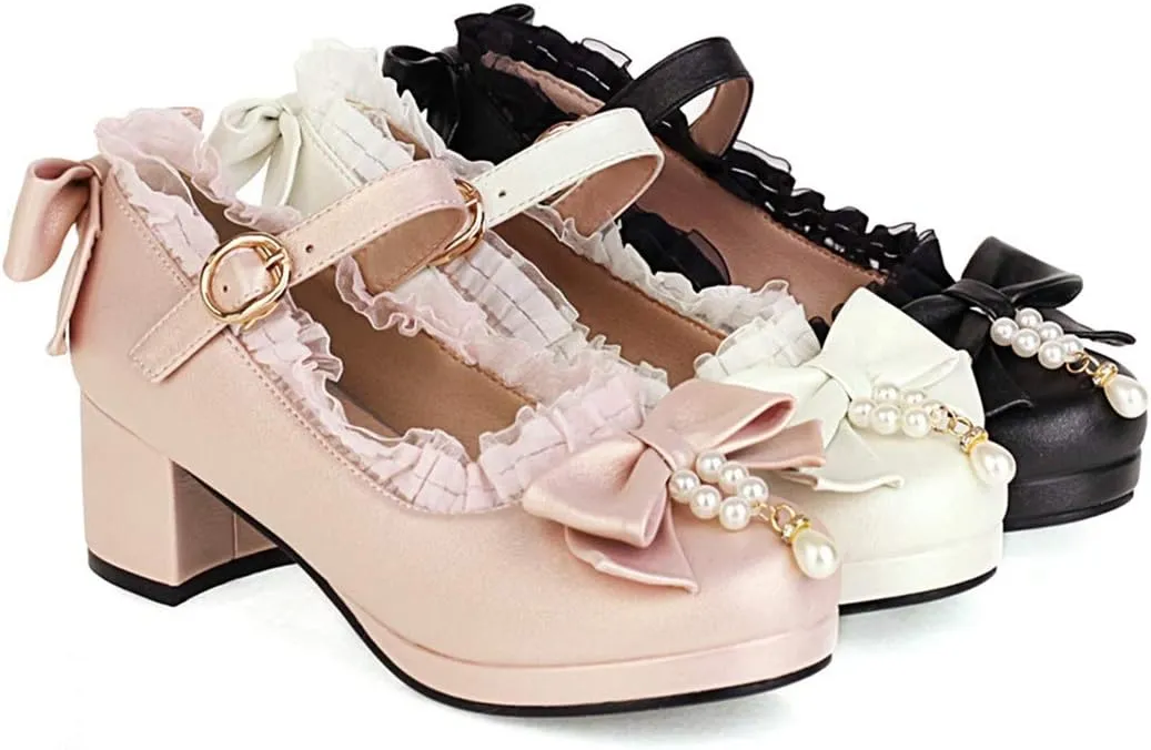 VOKLIN Women's Girls Lolita Mary Janes Pumps Sweet Bow Ankle Strap Block Mid Heel Cosplay Oxford Dress Shoes