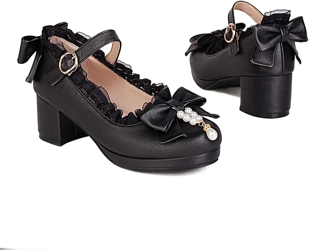 VOKLIN Women's Girls Lolita Mary Janes Pumps Sweet Bow Ankle Strap Block Mid Heel Cosplay Oxford Dress Shoes