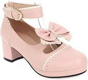 VOKLIN Women's Girls Lolita Mary Janes Pumps Sweet Bow Ankle Strap Block Mid Heel Cosplay Oxford Dress Shoes