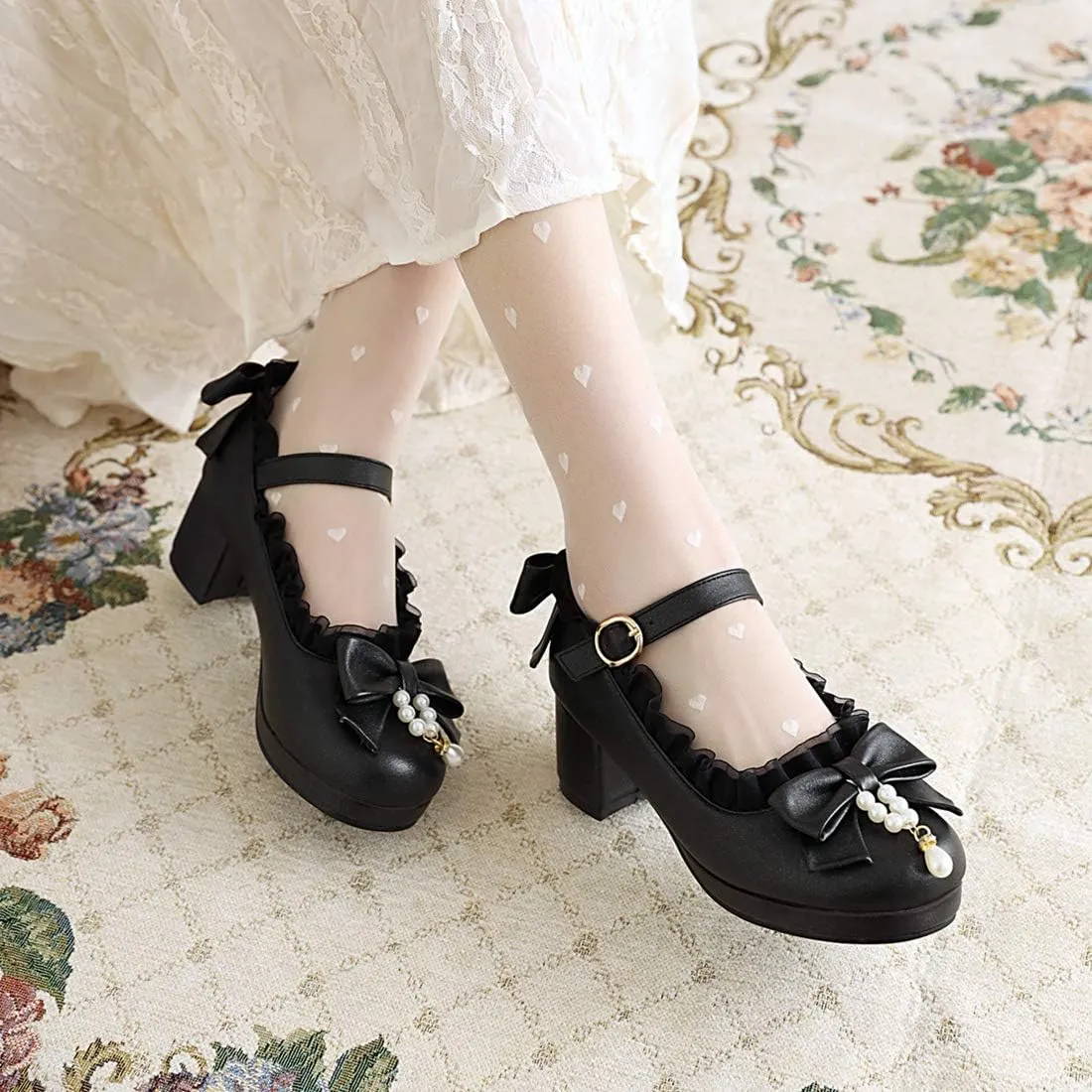 VOKLIN Women's Girls Lolita Mary Janes Pumps Sweet Bow Ankle Strap Block Mid Heel Cosplay Oxford Dress Shoes