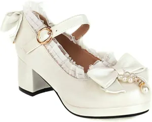 VOKLIN Women's Girls Lolita Mary Janes Pumps Sweet Bow Ankle Strap Block Mid Heel Cosplay Oxford Dress Shoes