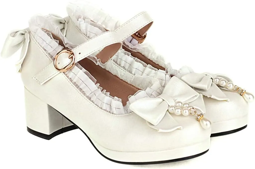 VOKLIN Women's Girls Lolita Mary Janes Pumps Sweet Bow Ankle Strap Block Mid Heel Cosplay Oxford Dress Shoes