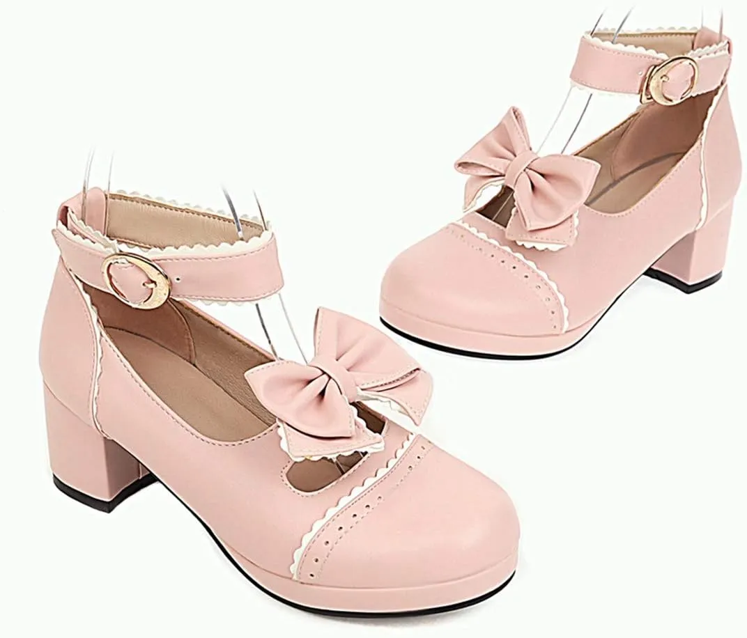 VOKLIN Women's Girls Lolita Mary Janes Pumps Sweet Bow Ankle Strap Block Mid Heel Cosplay Oxford Dress Shoes