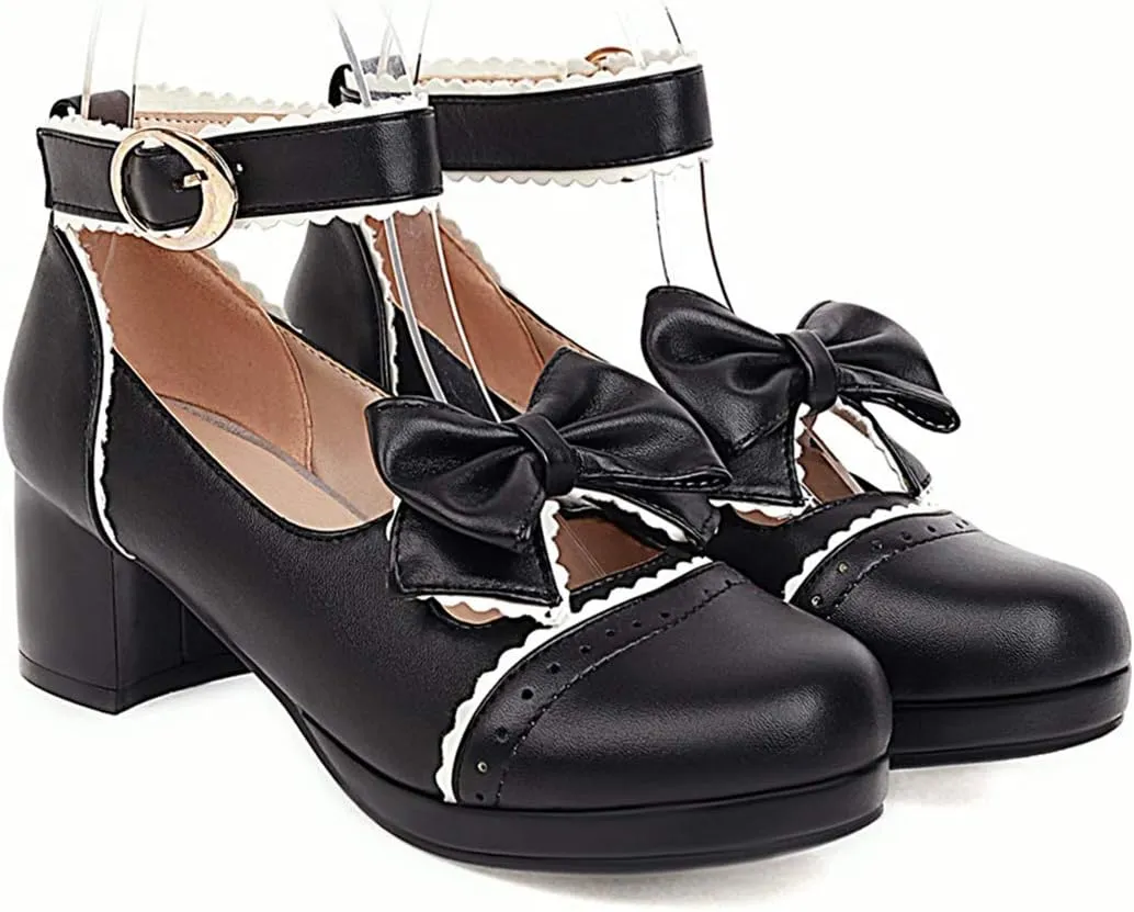 VOKLIN Women's Girls Lolita Mary Janes Pumps Sweet Bow Ankle Strap Block Mid Heel Cosplay Oxford Dress Shoes