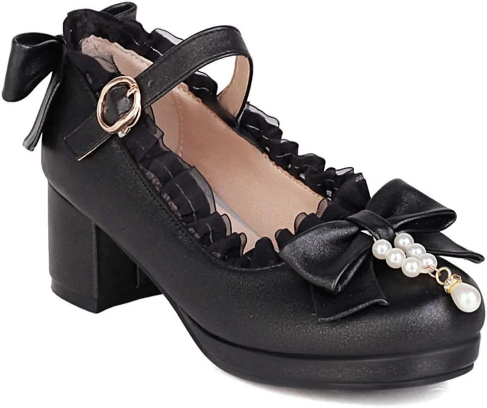 VOKLIN Women's Girls Lolita Mary Janes Pumps Sweet Bow Ankle Strap Block Mid Heel Cosplay Oxford Dress Shoes