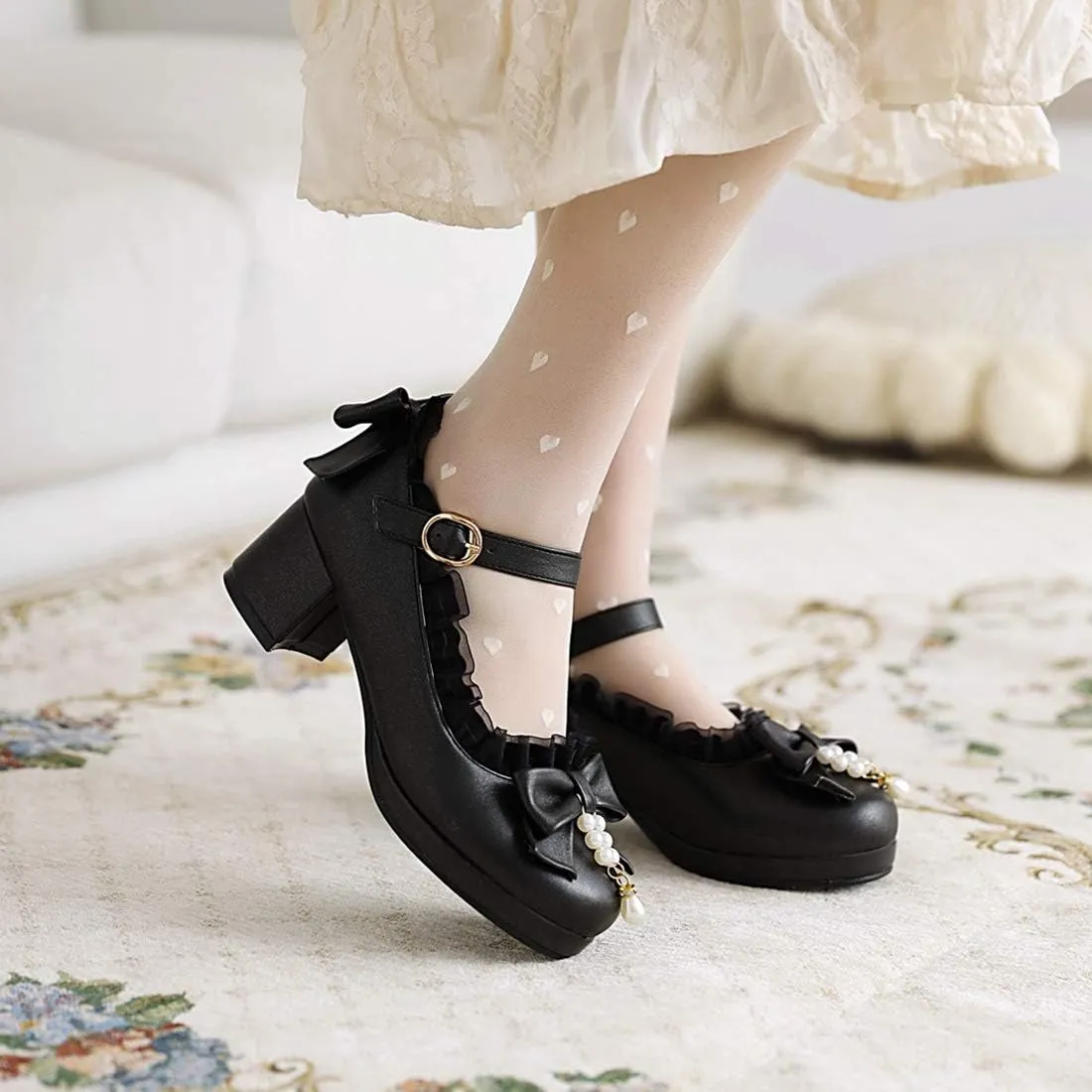 VOKLIN Women's Girls Lolita Mary Janes Pumps Sweet Bow Ankle Strap Block Mid Heel Cosplay Oxford Dress Shoes
