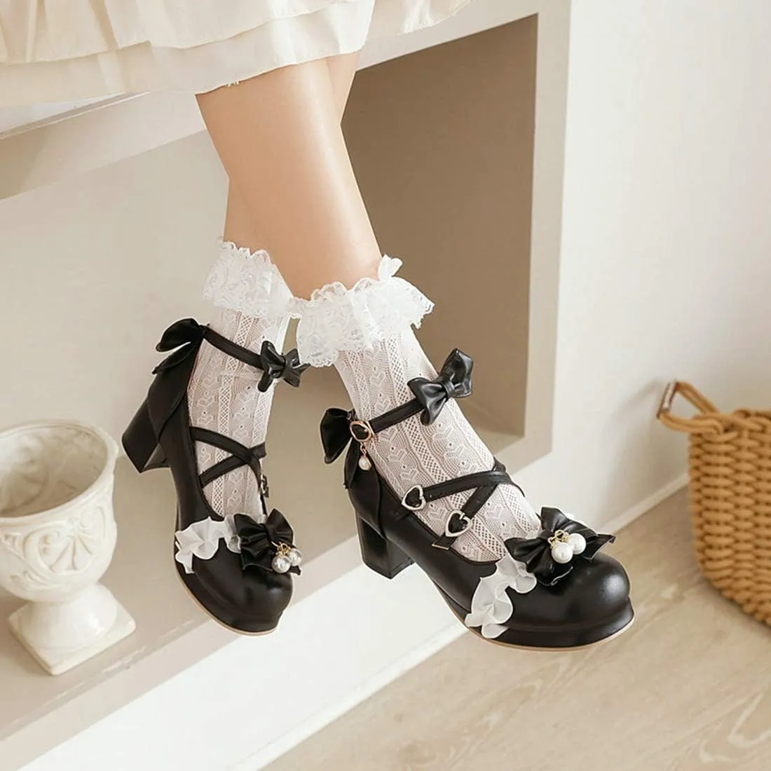 VOKLIN Women's Girls Lolita Mary Janes Pumps Sweet Bow Cross Ankle Strap Mid Heels Cosplay Oxford Dress Shoes