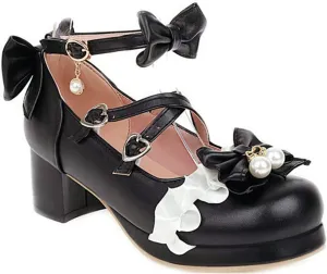 VOKLIN Women's Girls Lolita Mary Janes Pumps Sweet Bow Cross Ankle Strap Mid Heels Cosplay Oxford Dress Shoes
