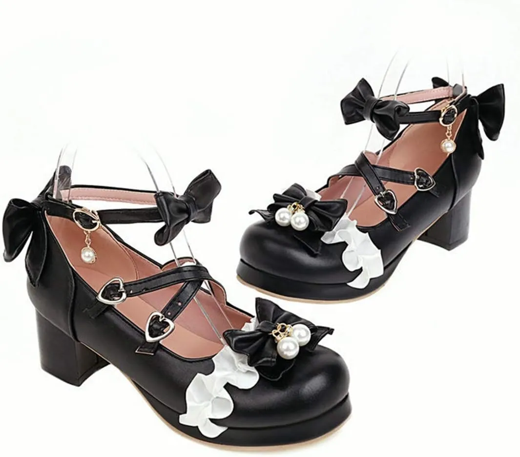VOKLIN Women's Girls Lolita Mary Janes Pumps Sweet Bow Cross Ankle Strap Mid Heels Cosplay Oxford Dress Shoes