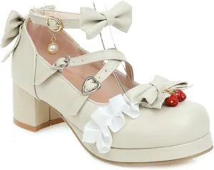 VOKLIN Women's Girls Lolita Mary Janes Pumps Sweet Bow Cross Ankle Strap Mid Heels Cosplay Oxford Dress Shoes