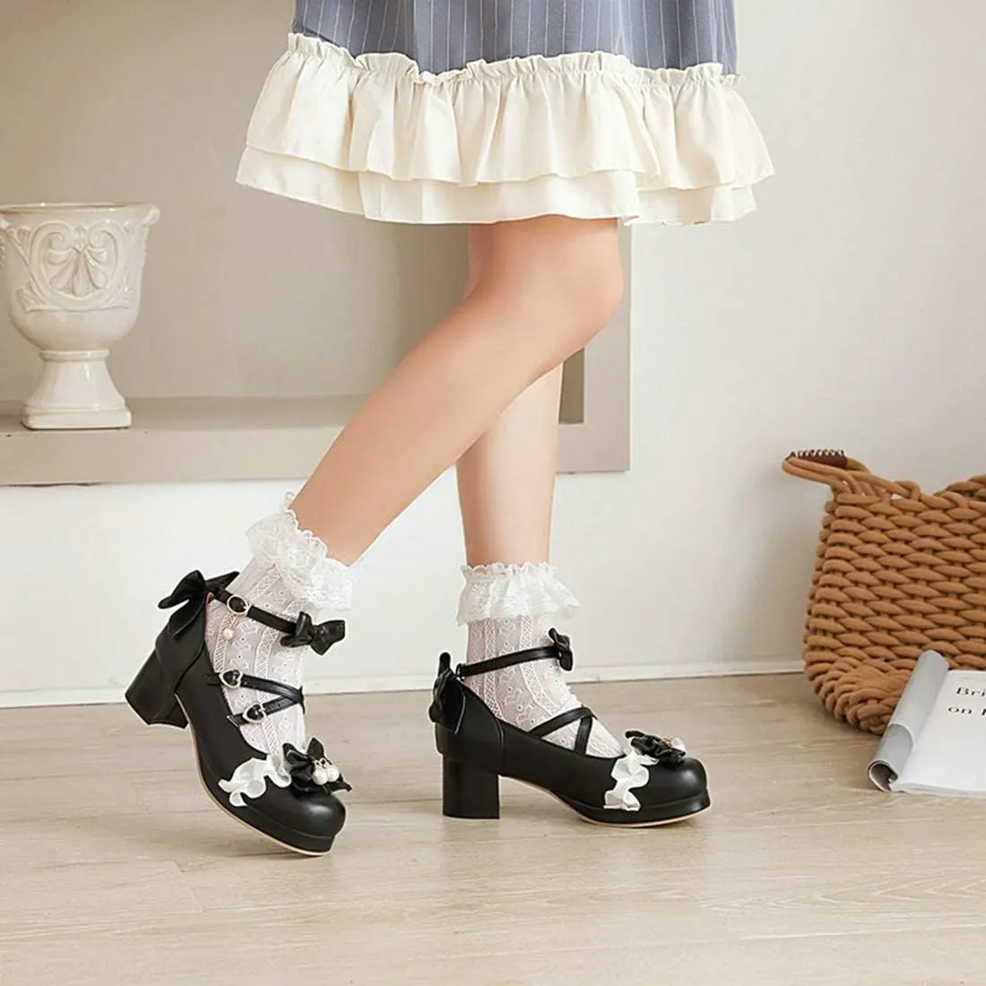 VOKLIN Women's Girls Lolita Mary Janes Pumps Sweet Bow Cross Ankle Strap Mid Heels Cosplay Oxford Dress Shoes