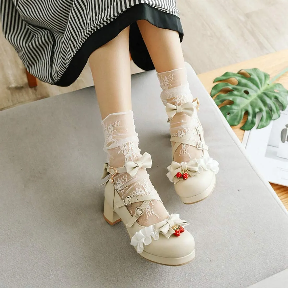 VOKLIN Women's Girls Lolita Mary Janes Pumps Sweet Bow Cross Ankle Strap Mid Heels Cosplay Oxford Dress Shoes