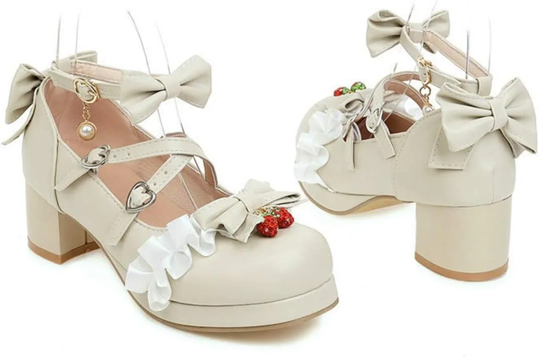 VOKLIN Women's Girls Lolita Mary Janes Pumps Sweet Bow Cross Ankle Strap Mid Heels Cosplay Oxford Dress Shoes