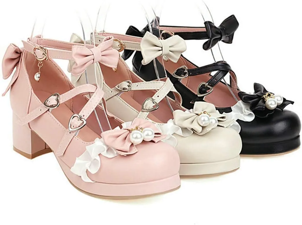 VOKLIN Women's Girls Lolita Mary Janes Pumps Sweet Bow Cross Ankle Strap Mid Heels Cosplay Oxford Dress Shoes