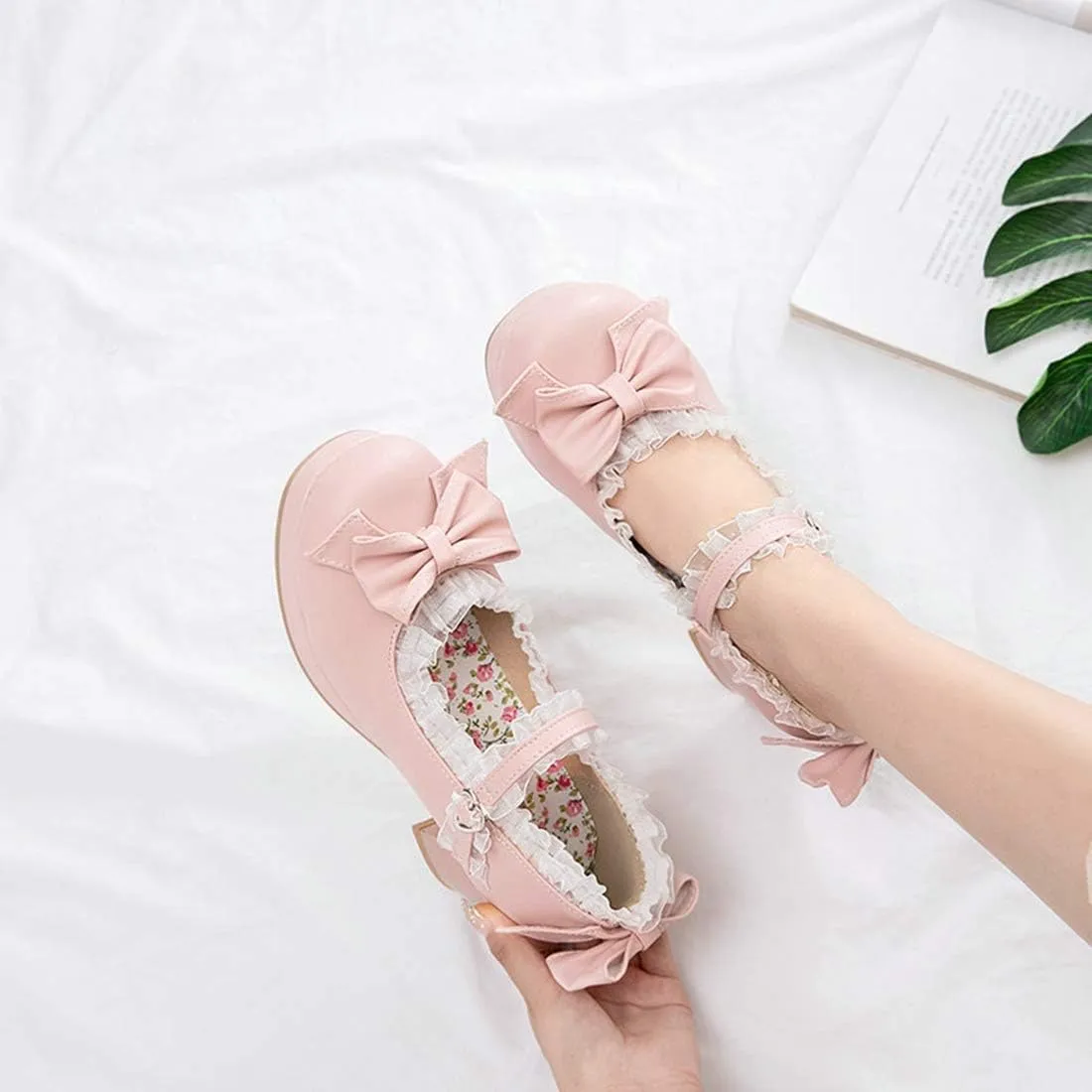 VOKLIN Women's Girls Lolita Mary Janes Shoes Sweet Bow Lace Ankle Strap Mid Heel Cosplay Oxford Dress Pumps