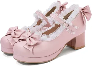 VOKLIN Women's Girls Lolita Mary Janes Shoes Sweet Bow Lace Ankle Strap Mid Heel Cosplay Oxford Dress Pumps
